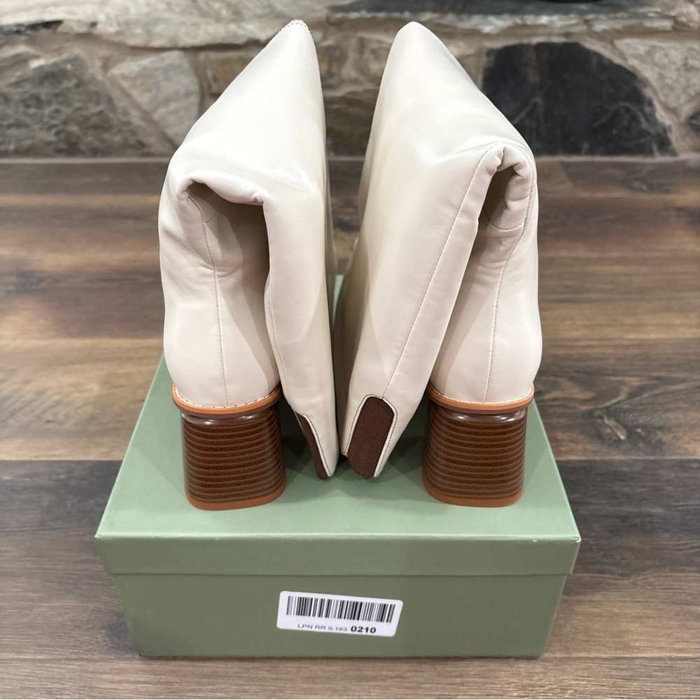 Women's Cream Knee-High Leather Boots - Classic Block Heel - Picture 4 of 11